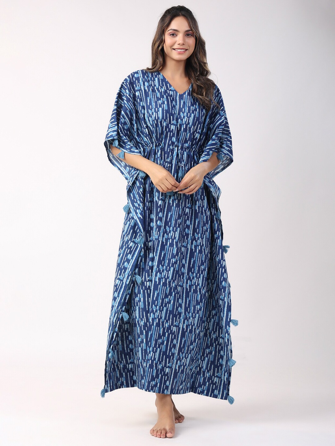 

JISORA Dark Abstract Printed Pure Cotton Maxi Kaftan Nightdress, Blue