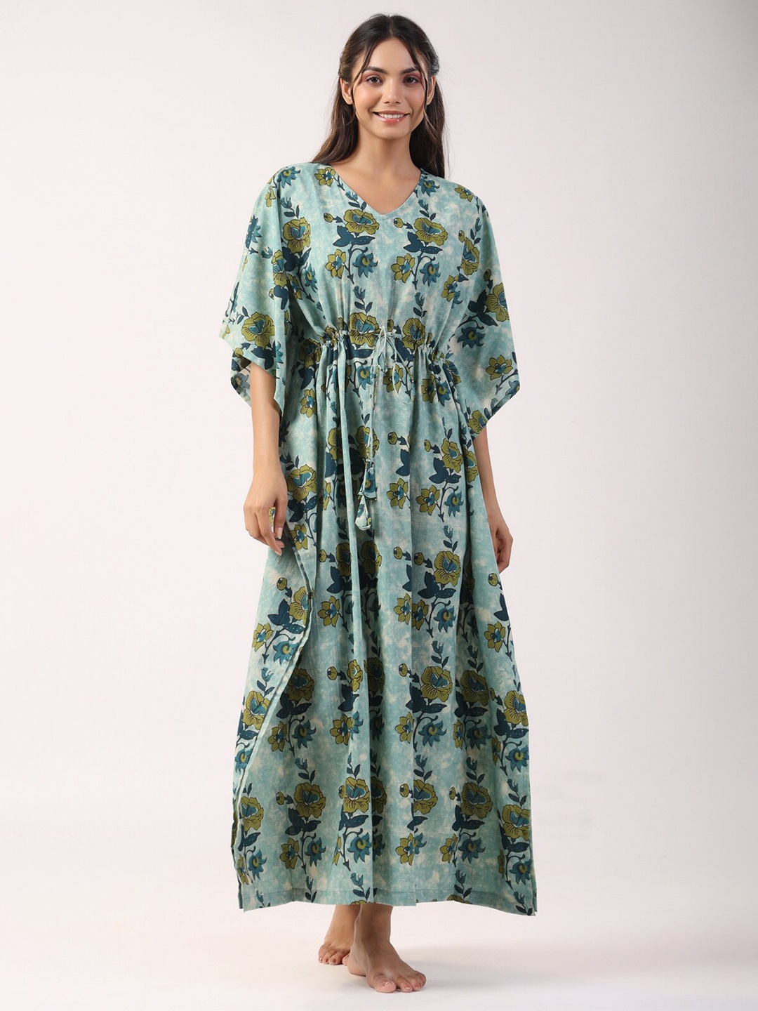 

JISORA Green Floral Printed Pure Cotton Maxi Kaftan Nightdress