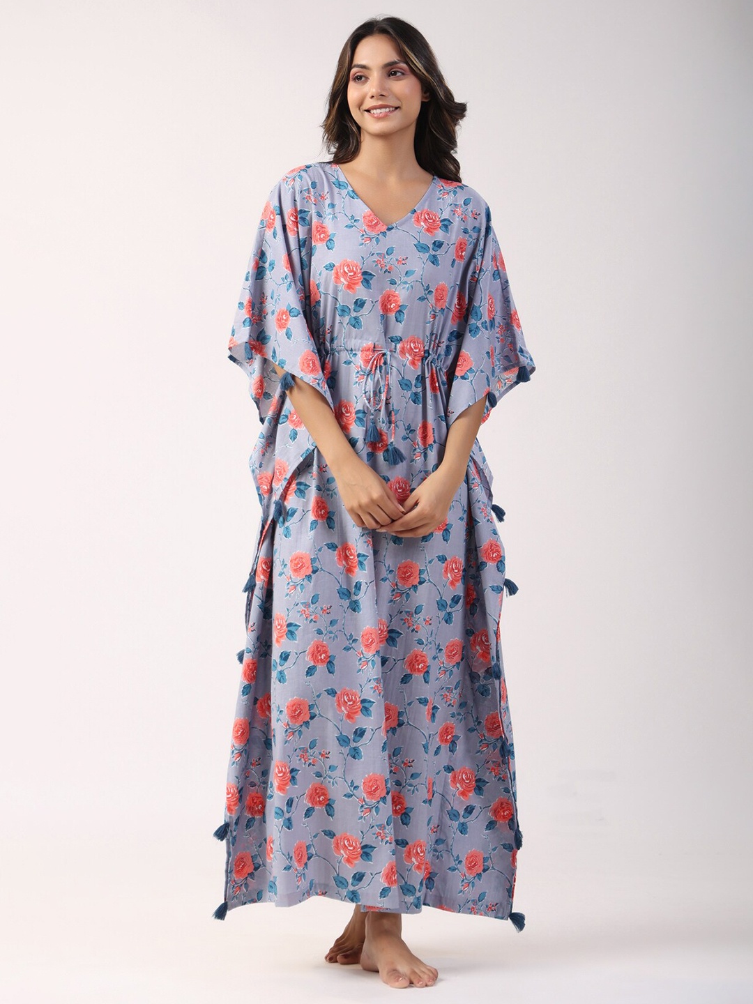

JISORA Purple Floral Printed Pure Cotton Maxi Kaftan Nightdress