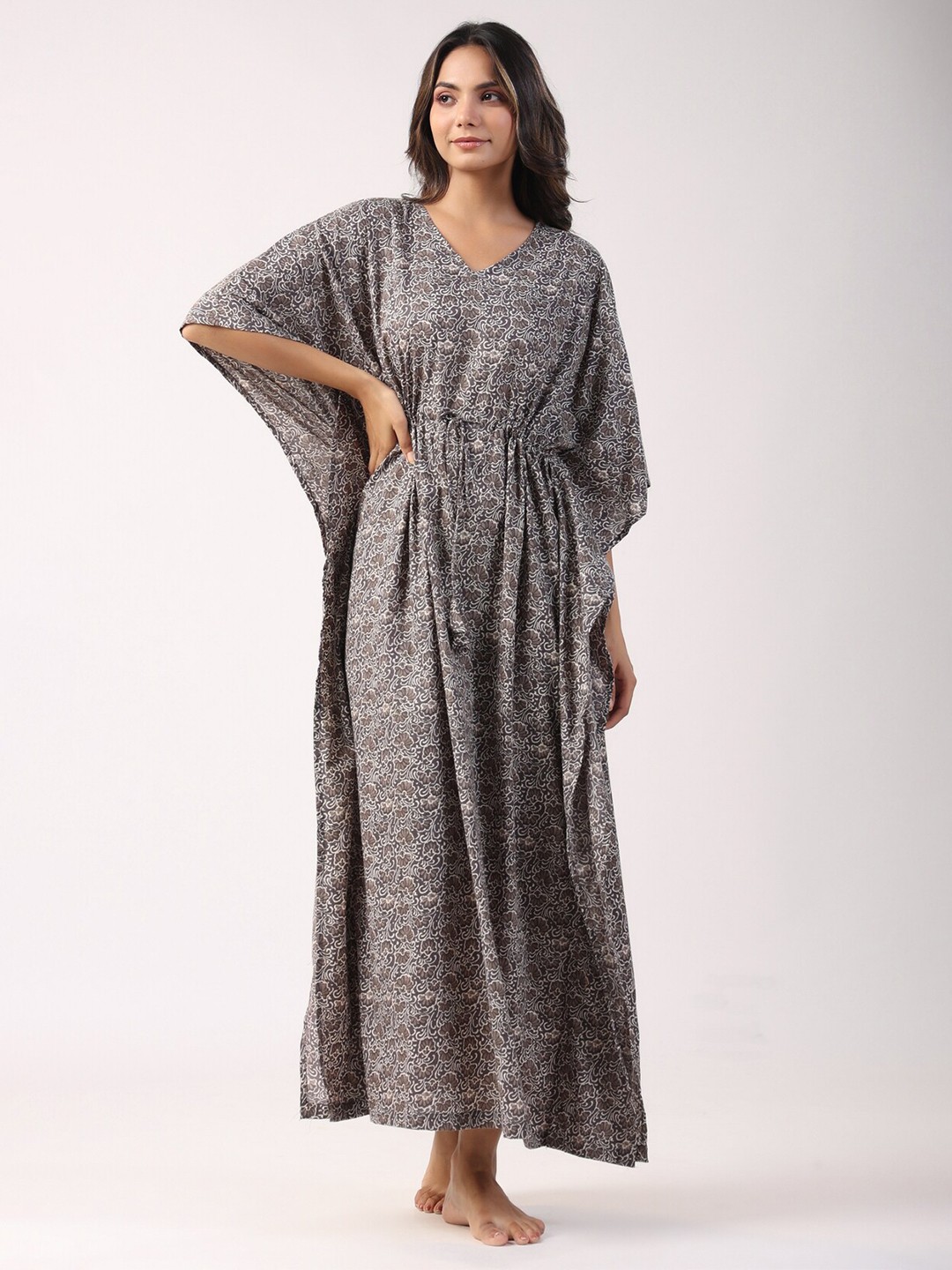 

JISORA Grey Floral Printed Pure Cotton Maxi Kaftan Nightdress
