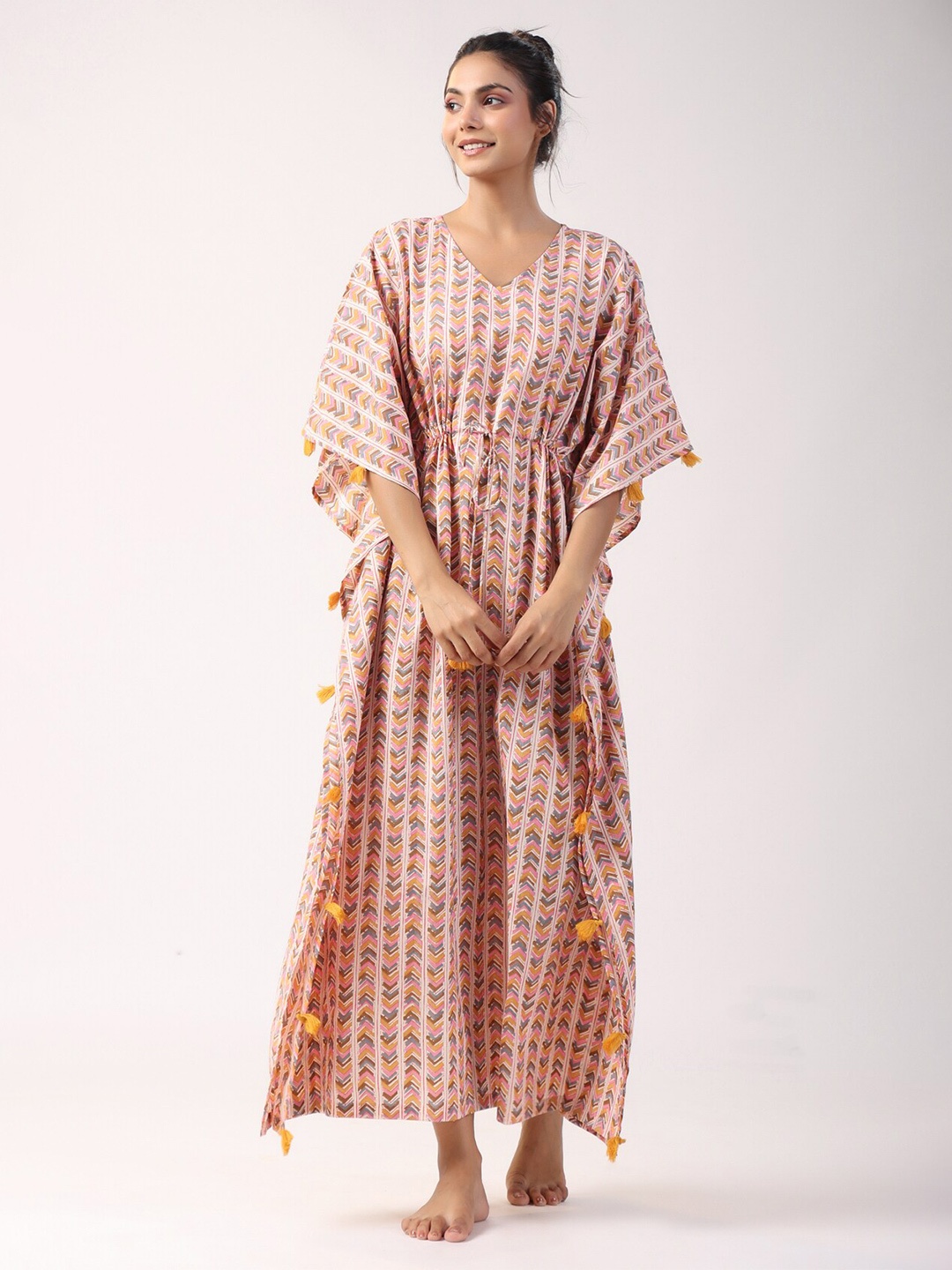 

JISORA Orange Striped Pure Cotton Kaftan Maxi Nightdress