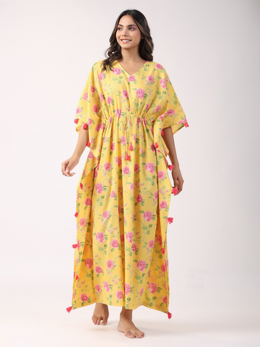 

JISORA Yellow Floral Printed Pure Cotton Kaftan Maxi Nightdress