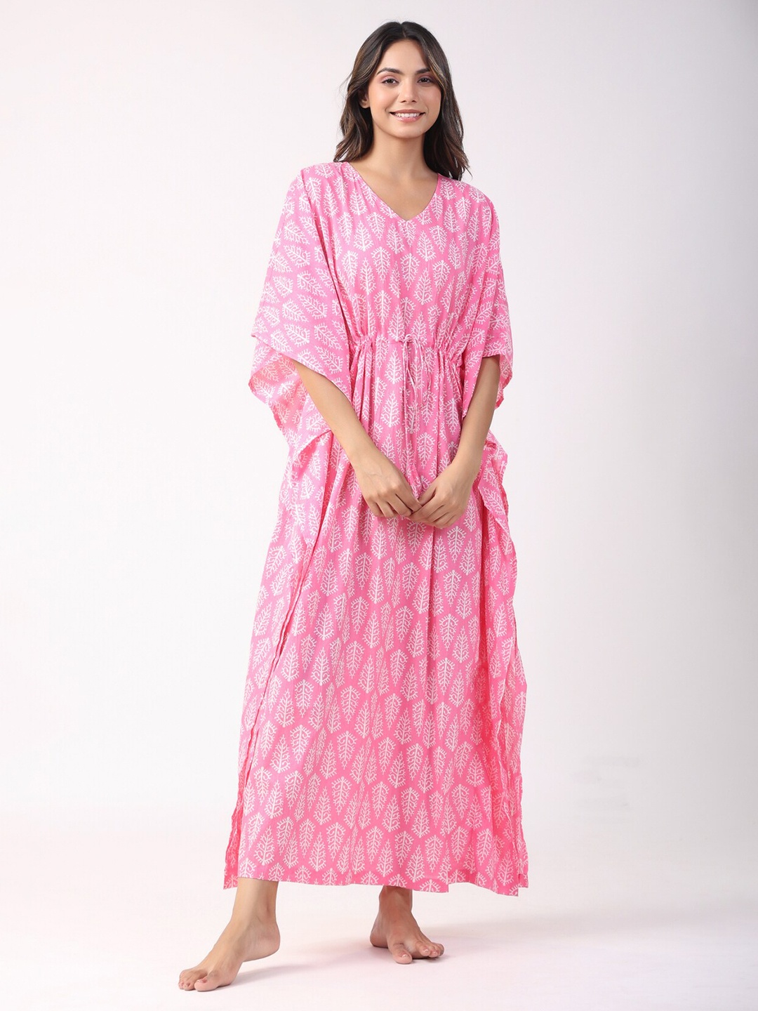 

JISORA Pink Floral Printed Pure Cotton Kaftan Maxi Nightdress