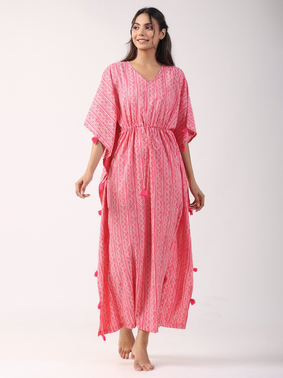 

JISORA Pink Geometric Printed Pure Cotton Kaftan Maxi Nightdress