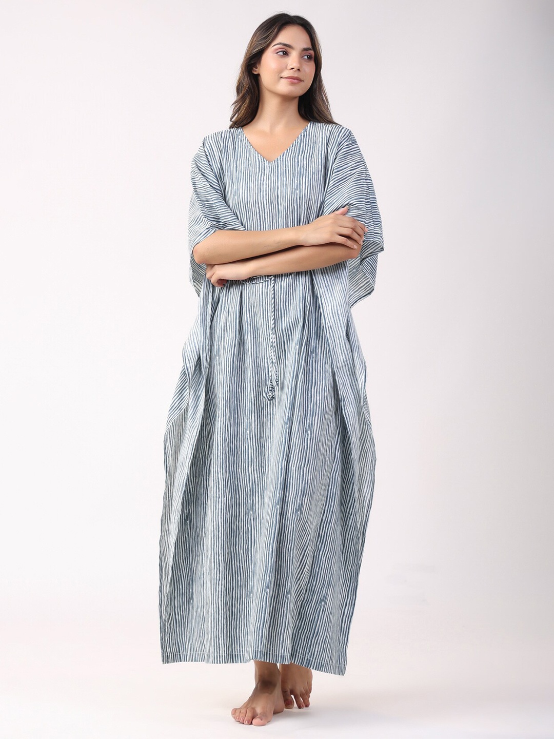 

JISORA Grey Striped Pure Cotton Kaftan Maxi Nightdress