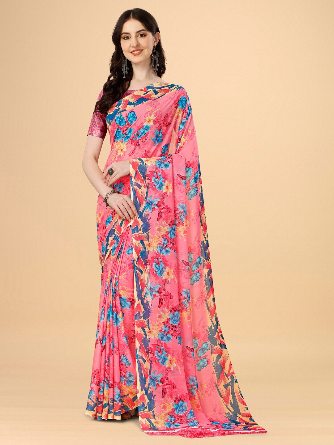 

Dori Floral Printed Pure Georgette Saree, Pink
