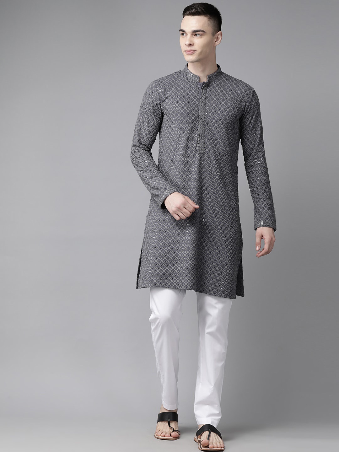 

See Designs Embroidered Sequined Mandarin Collar Kurta, Grey