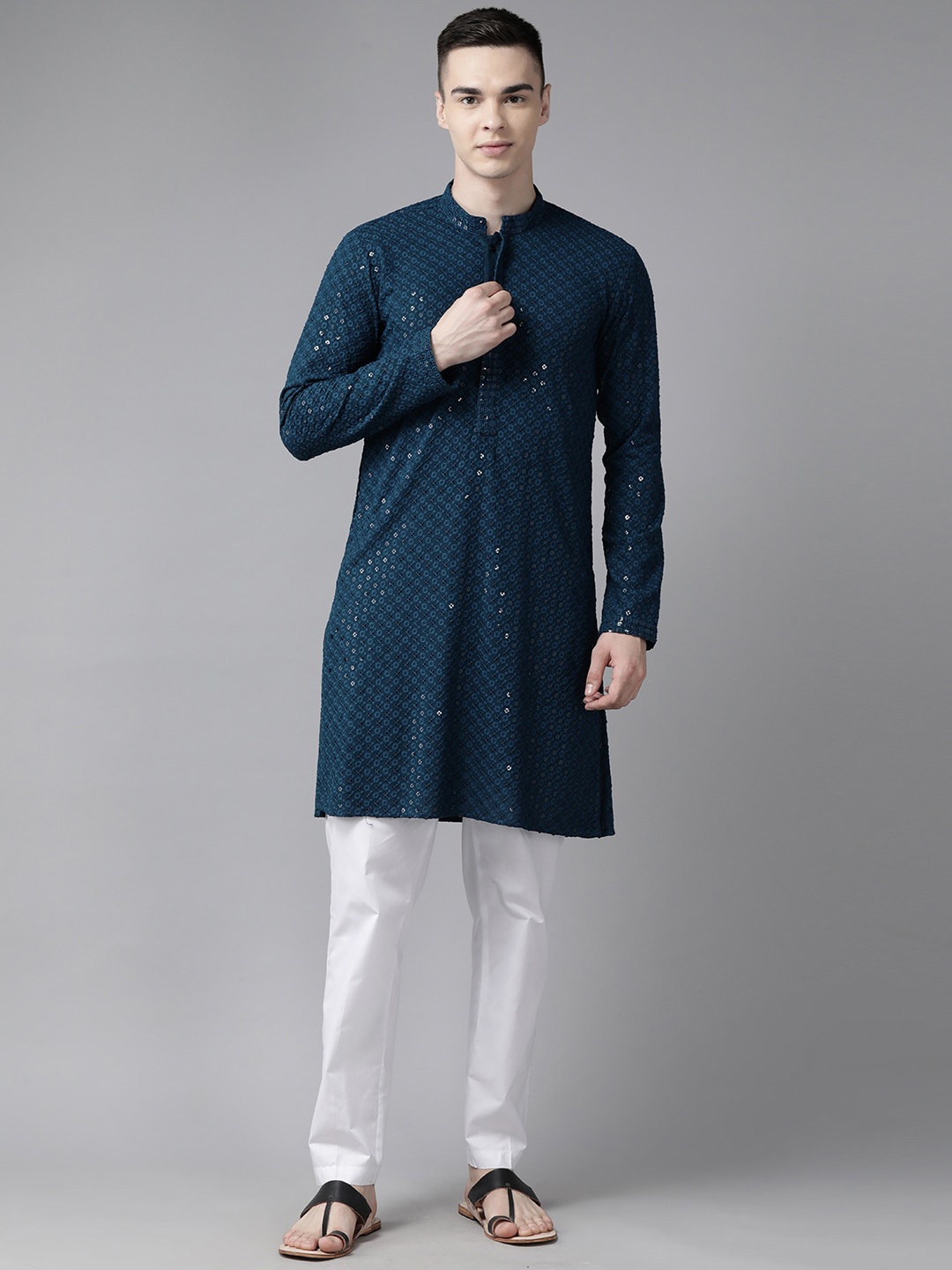 

See Designs Embroidered Sequined Mandarin Collar Kurta, Teal