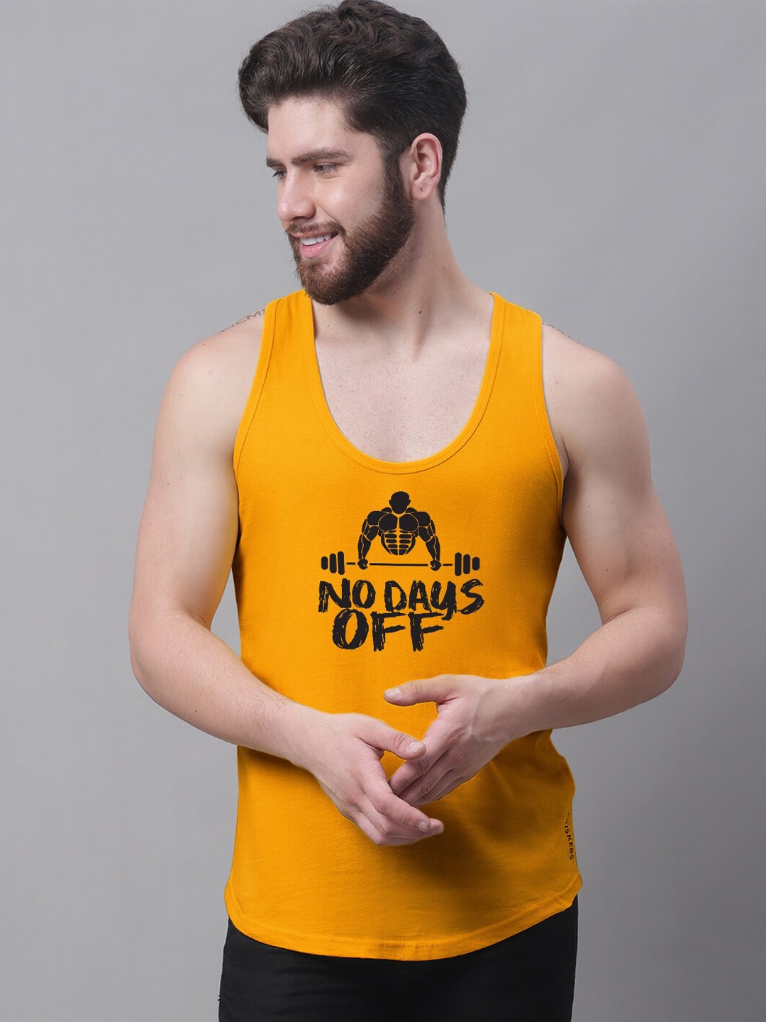 

Friskers Typography Printed Scoop Neck Pure Cotton Bio Wash Innerwear Gym Vests, Mustard