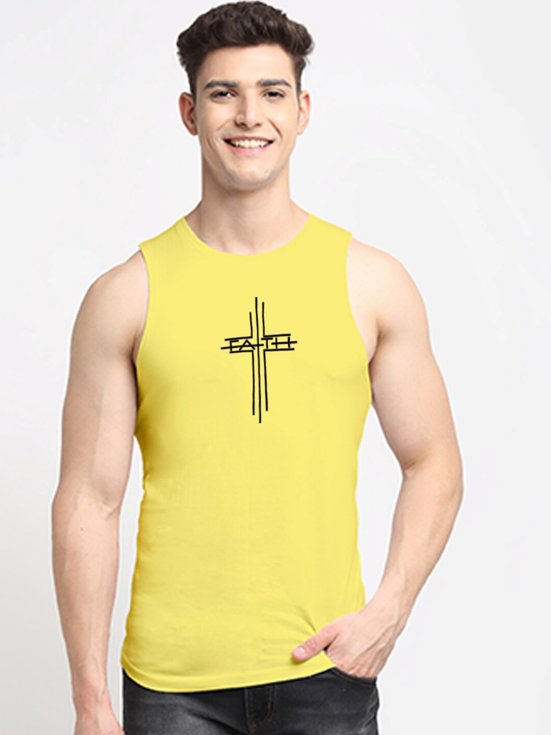 

Friskers Graphic Printed Cotton Gym Vest, Yellow