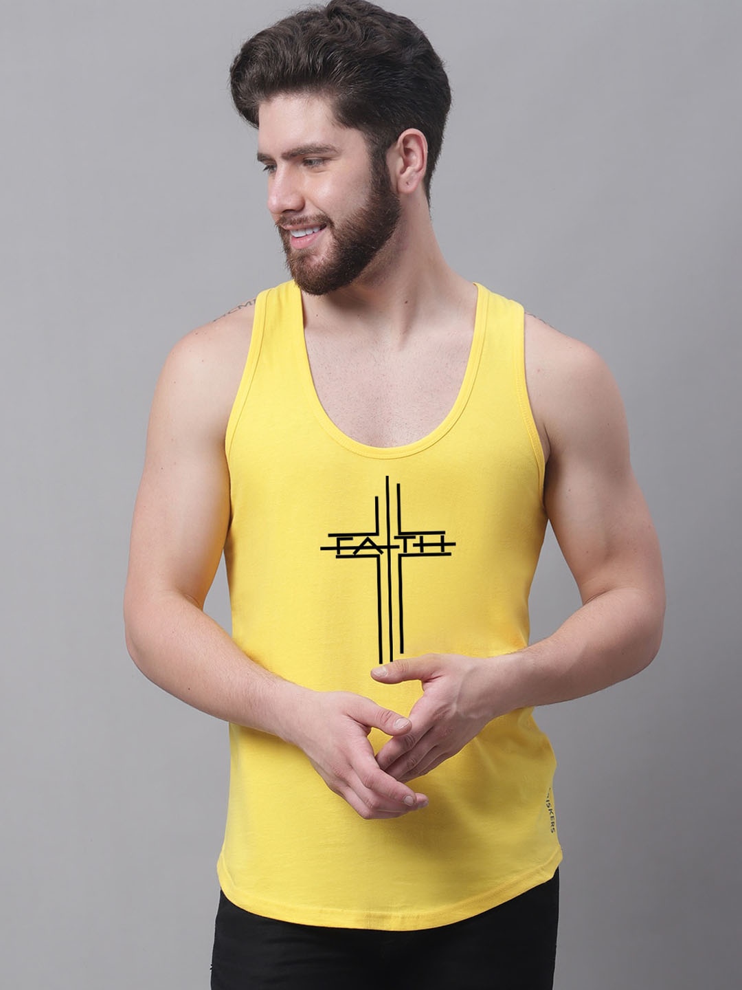 

Friskers Typography Printed Scoop Neck Pure Cotton Bio Wash Innerwear Gym Vest, Yellow