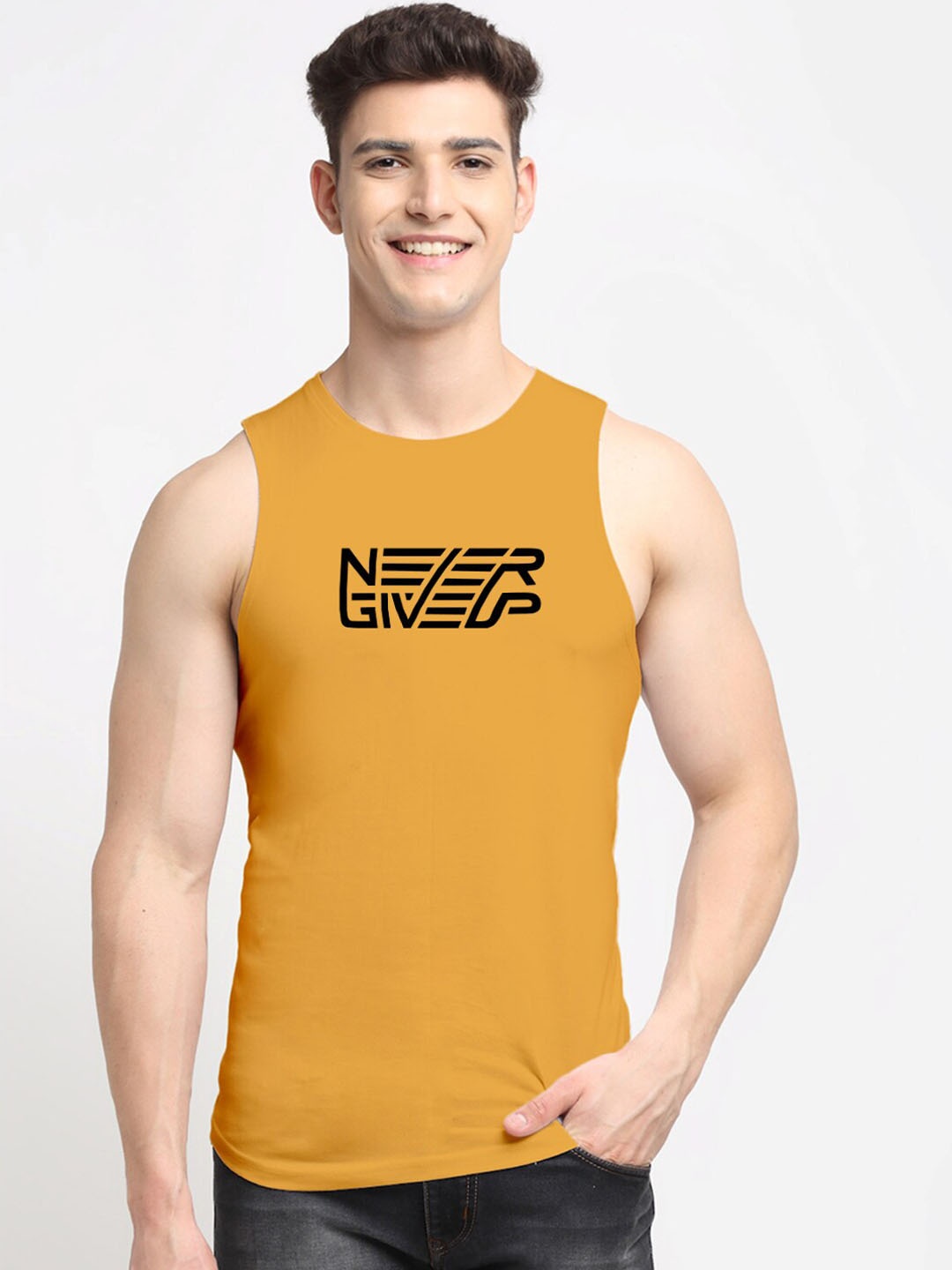 

Friskers Typography Printed Round Neck Pure Cotton Bio Wash Innerwear Basic Vests, Mustard