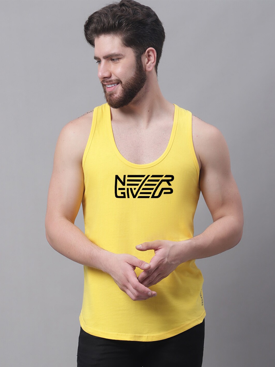 

Friskers Printed Scoop Neck Pure Cotton Sports Gym Vests, Yellow