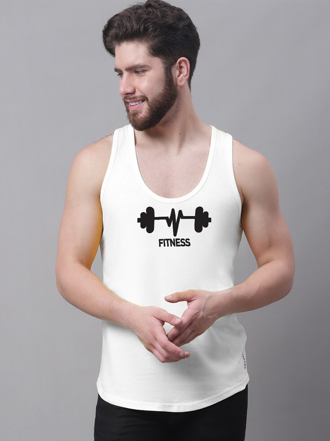 

Friskers Printed Scoop Neck Pure Cotton Sports Gym Vests, White