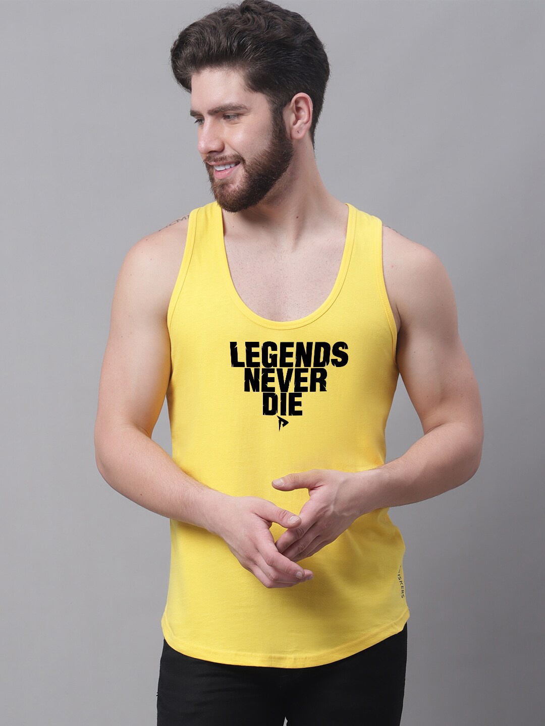 

Friskers Legend Never Die Printed Pure Cotton Gym Vest, Yellow