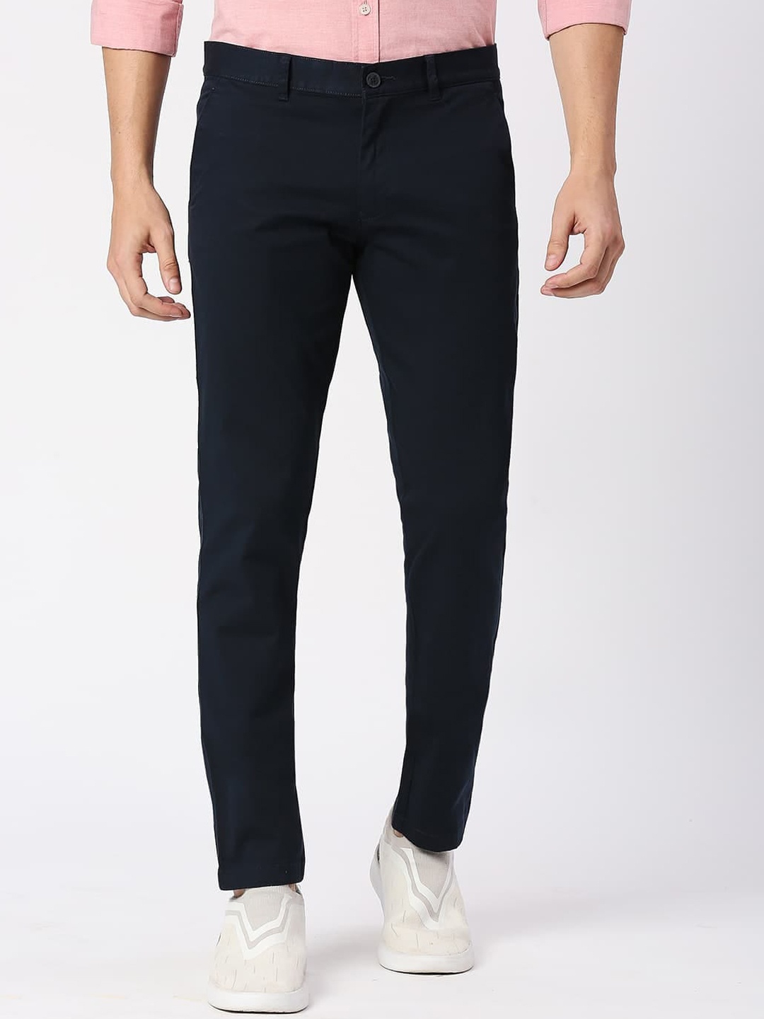 

Basics Tapered Fit Mid-Rise Plain Woven Cotton Casual Flat Front Regular Trousers, Blue