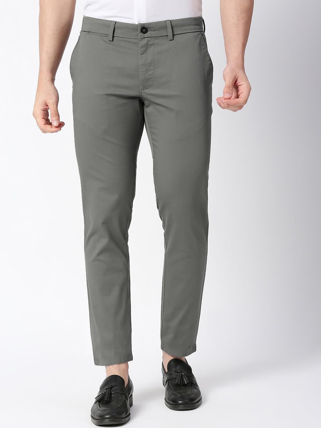 

Basics Men Mid Rise Tapered Fit Cotton Chinos Trousers, Grey