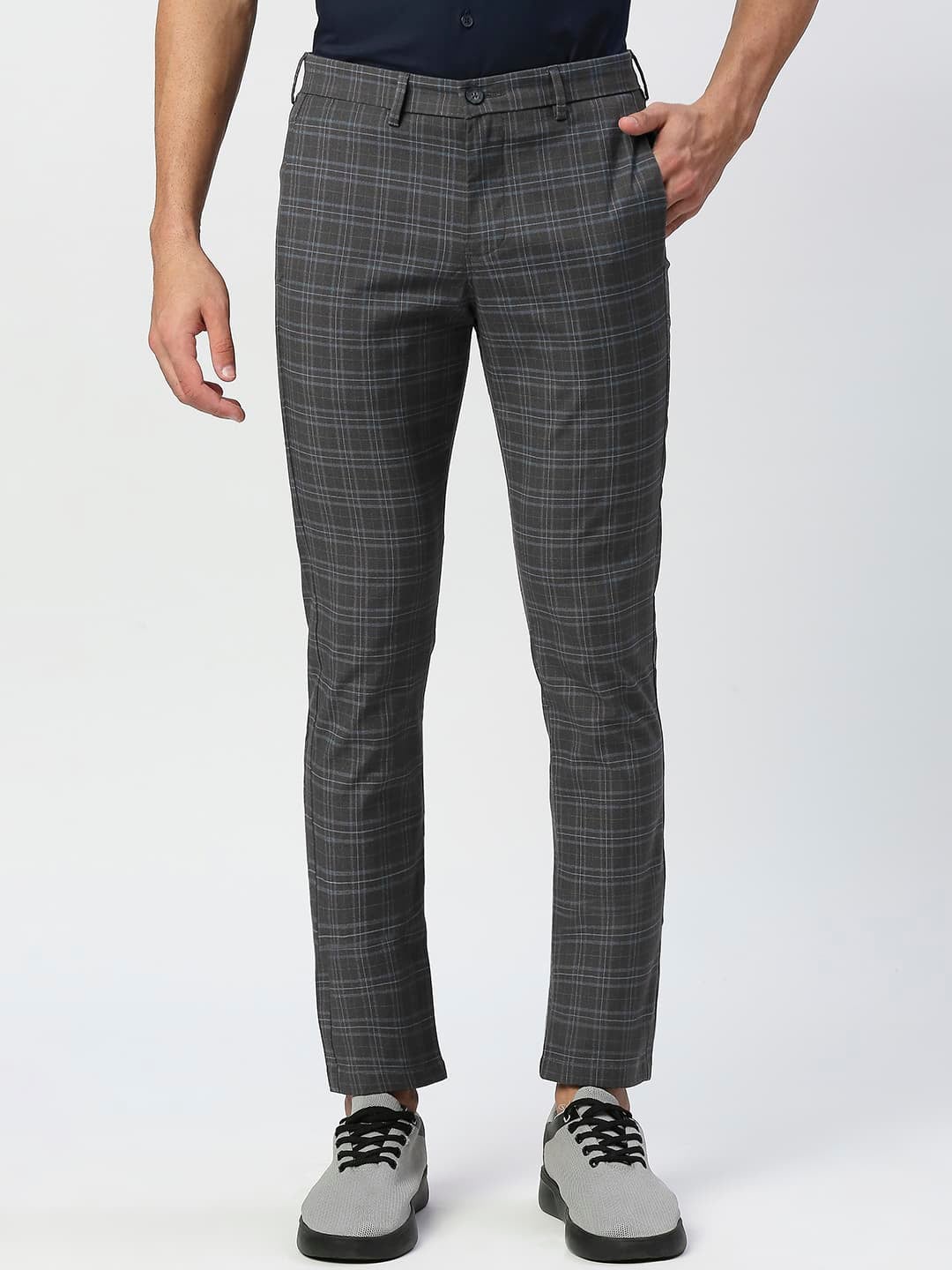

Basics Men Checked Tapered Fit Cotton Casual Trousers, Grey