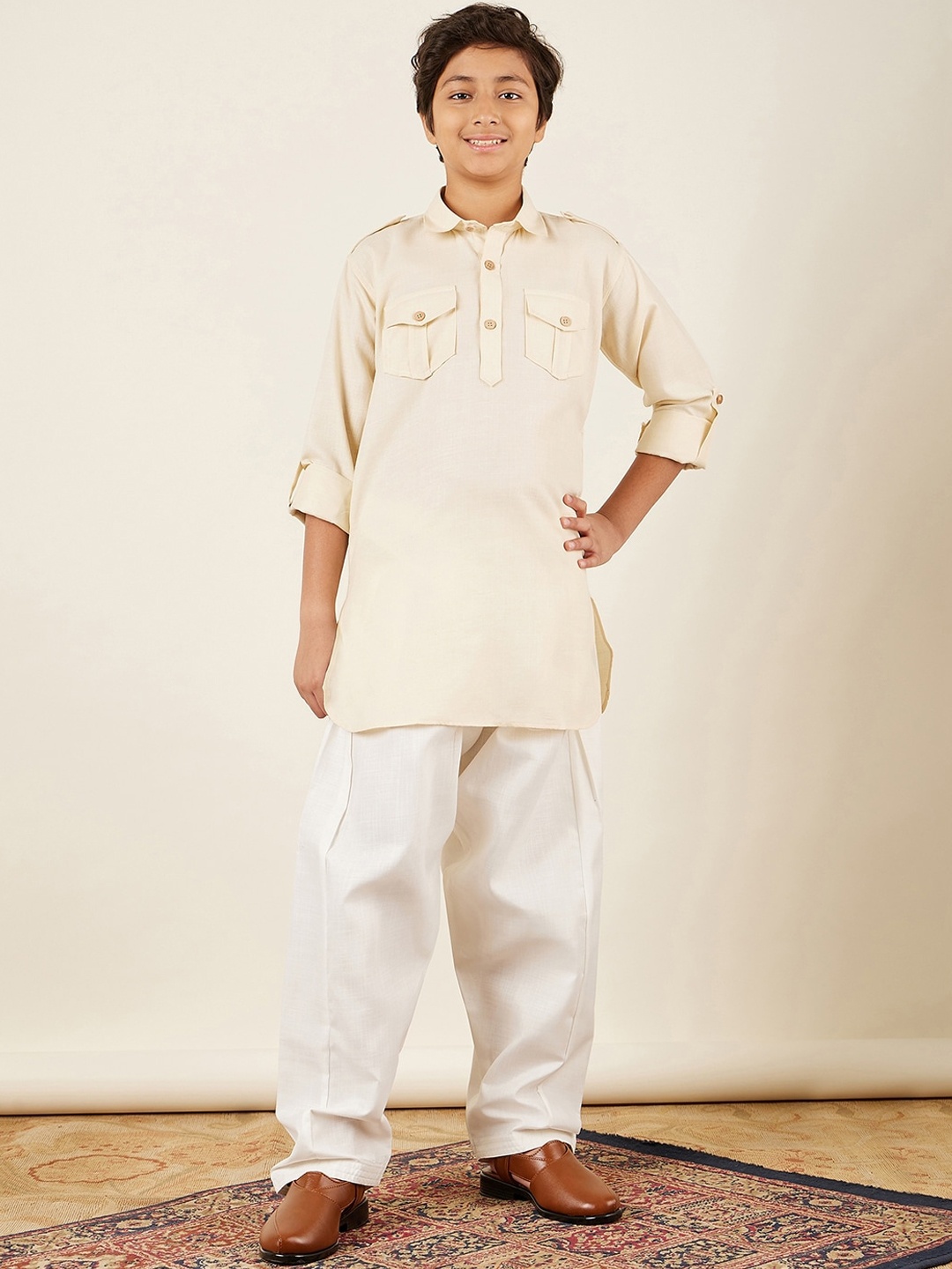 

Aj DEZInES Boys Pure Cotton Pathani Kurta With Salwar, Cream