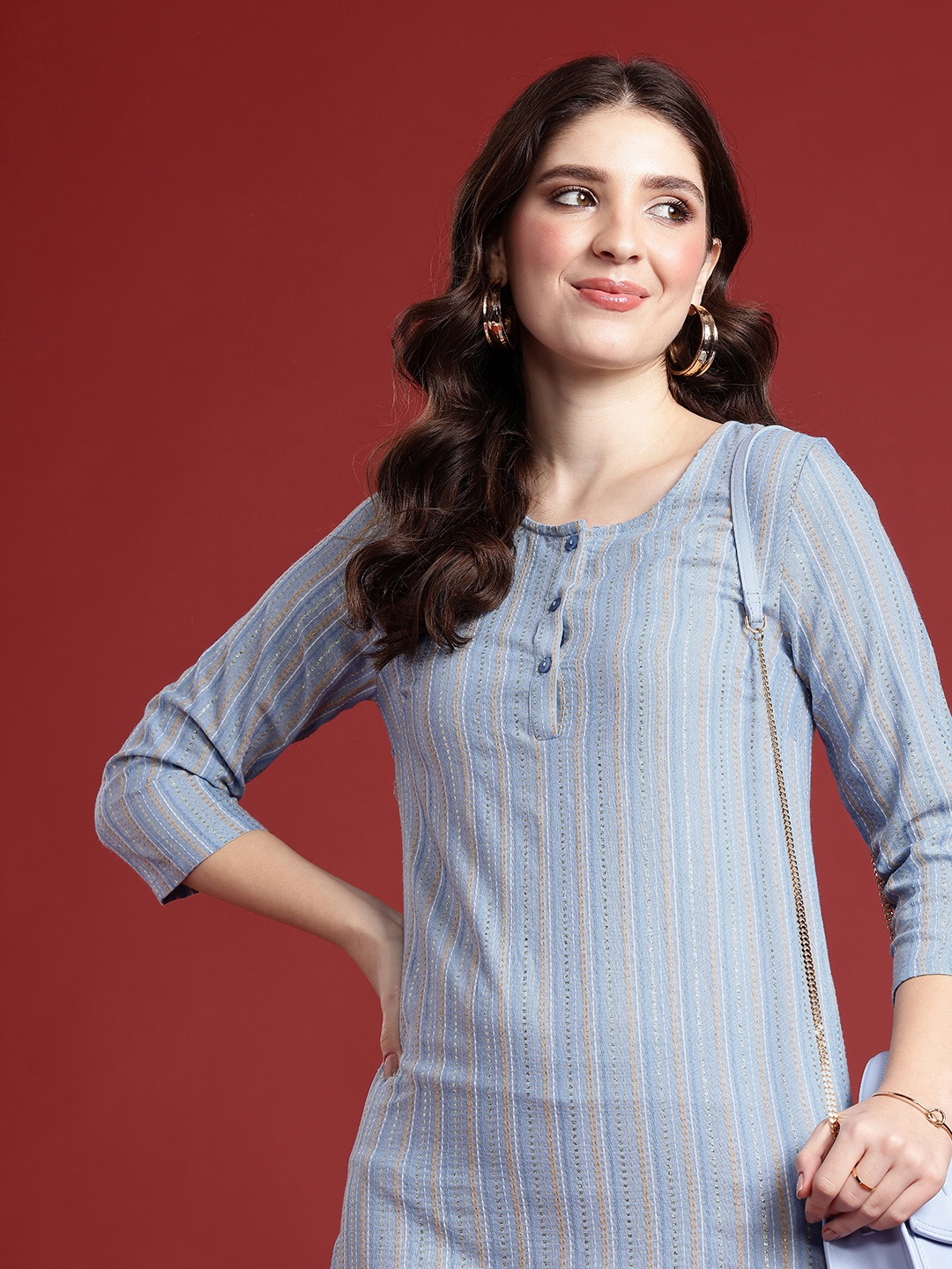 

Anouk Women Striped Woven Design Regular Kurta With Trousers, Blue