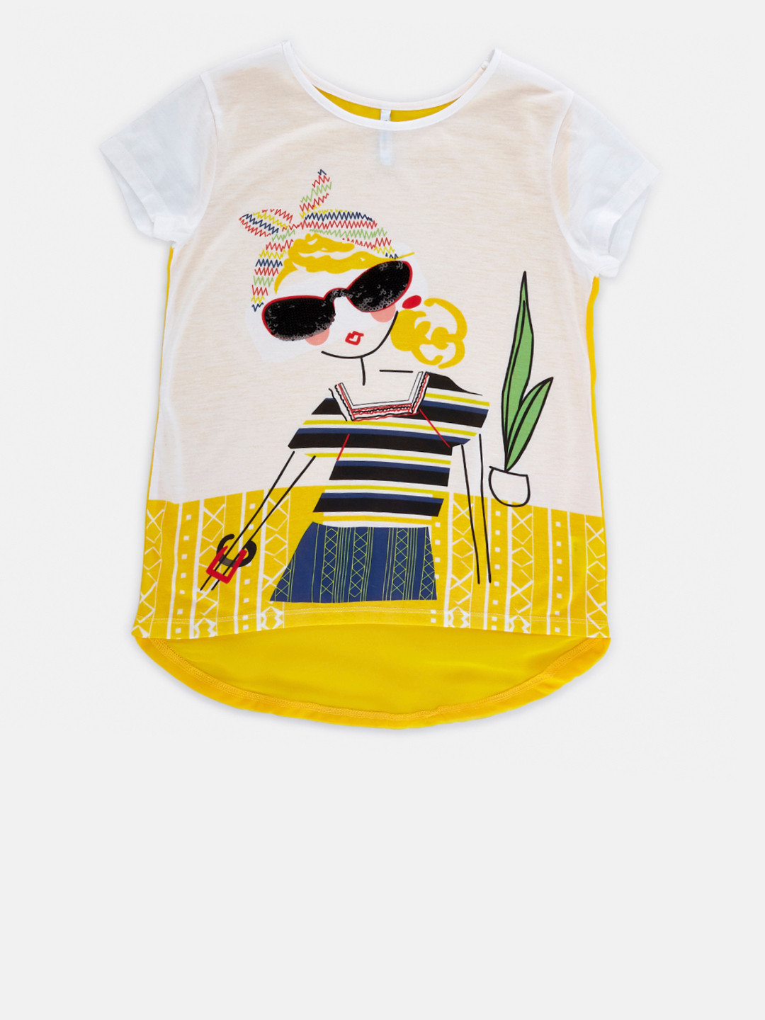 

POPPERS by Pantaloons Girls White & Yellow Sequinned Printed High-Low Top