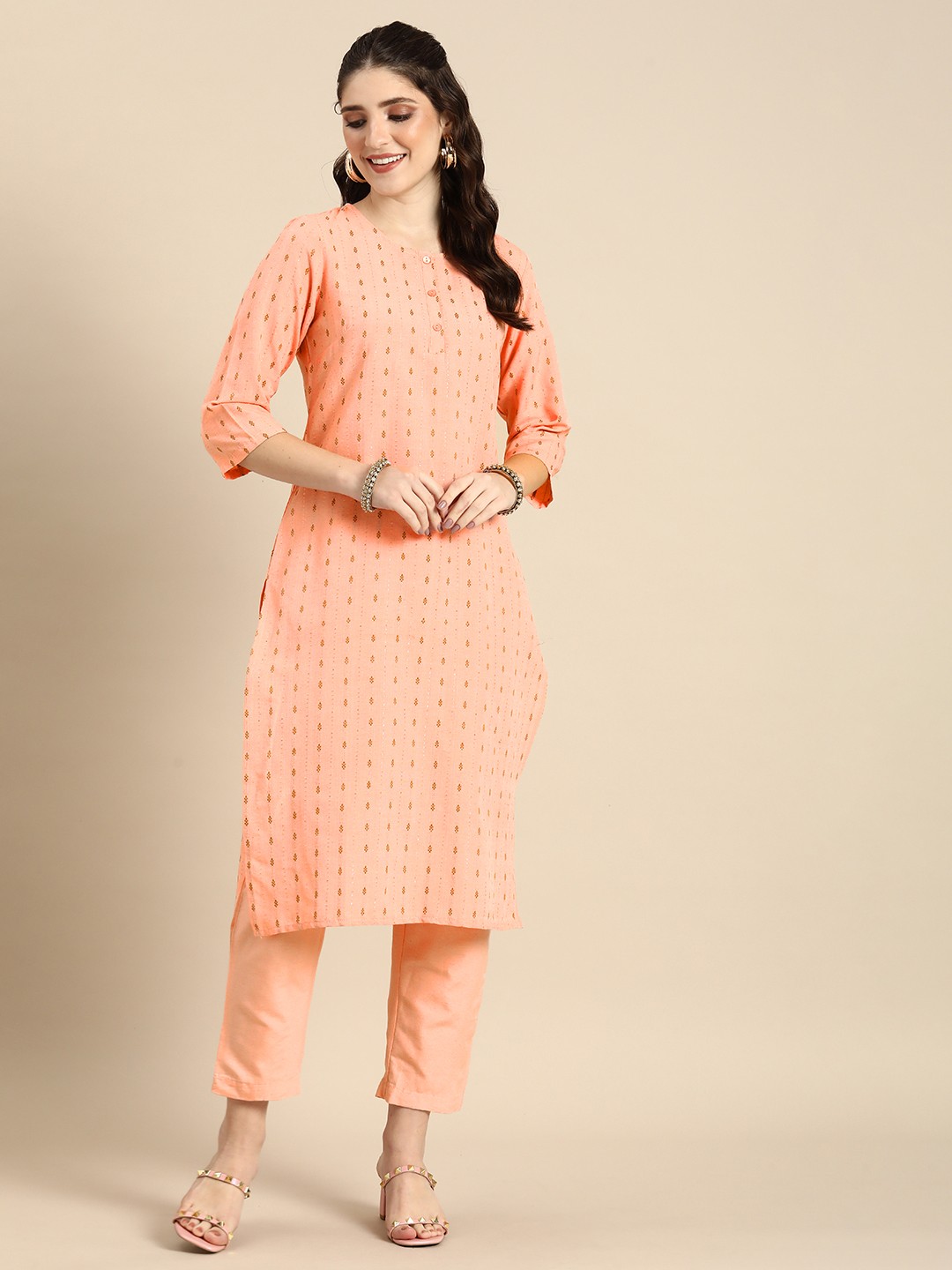 

Anouk Women Woven Design Kurta & Trousers, Peach
