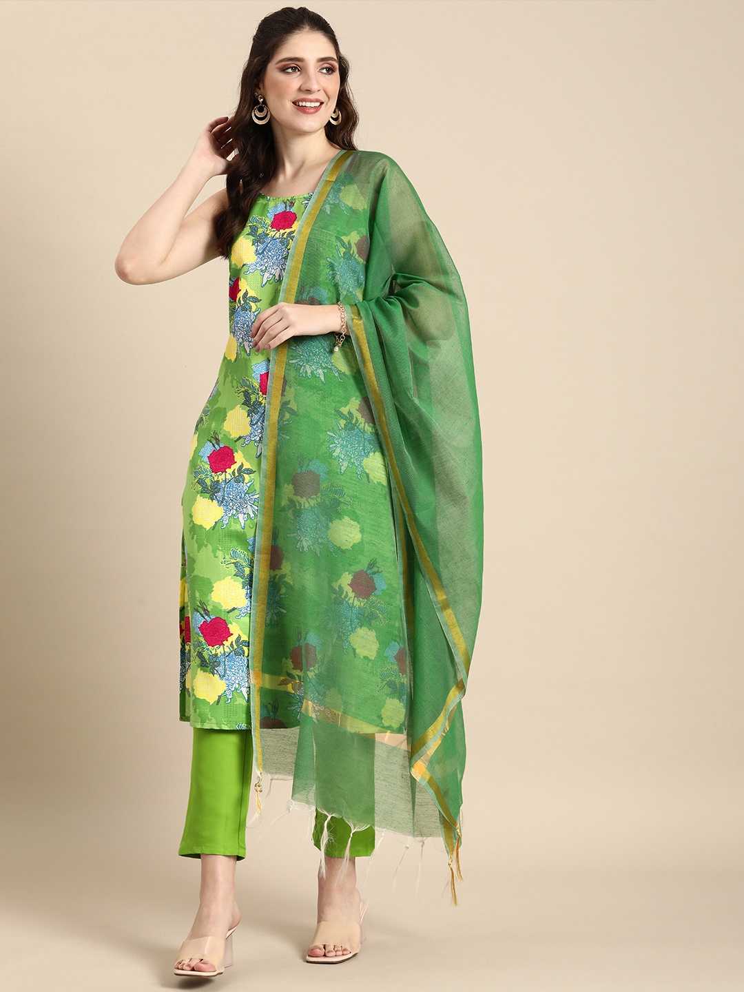 

Anouk Floral Printed Kurta with Trousers & Dupatta, Green