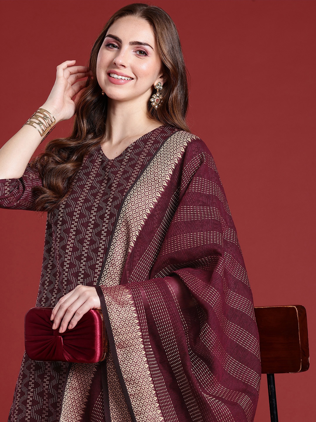 

Anouk Women Woven Design Regular Kurta with Palazzos & With Dupatta, Maroon