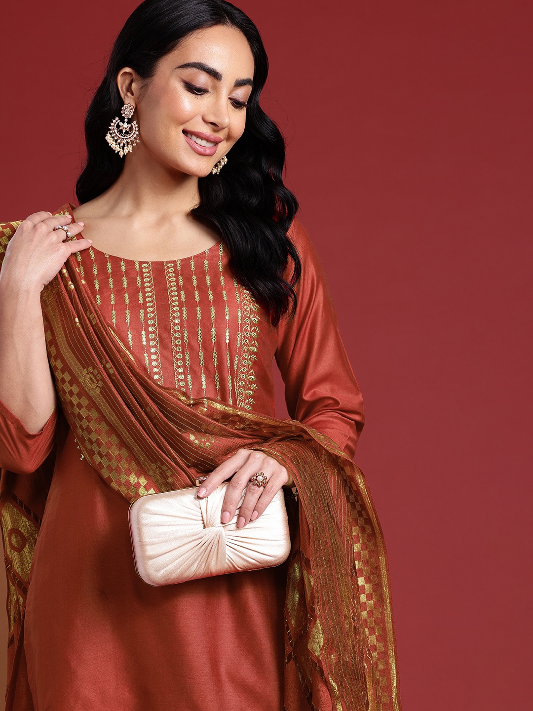 

Anouk Ethnic Motifs Embroidered Regular Sequinned Kurta With Trousers & With Dupatta, Rust