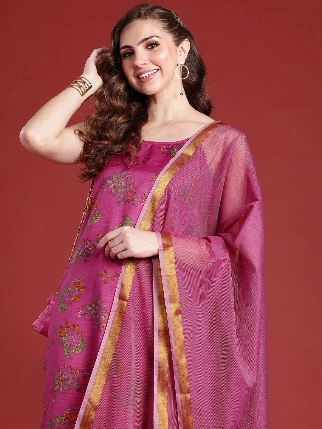 

Anouk Floral Printed Kurta with Trousers & Dupatta, Pink