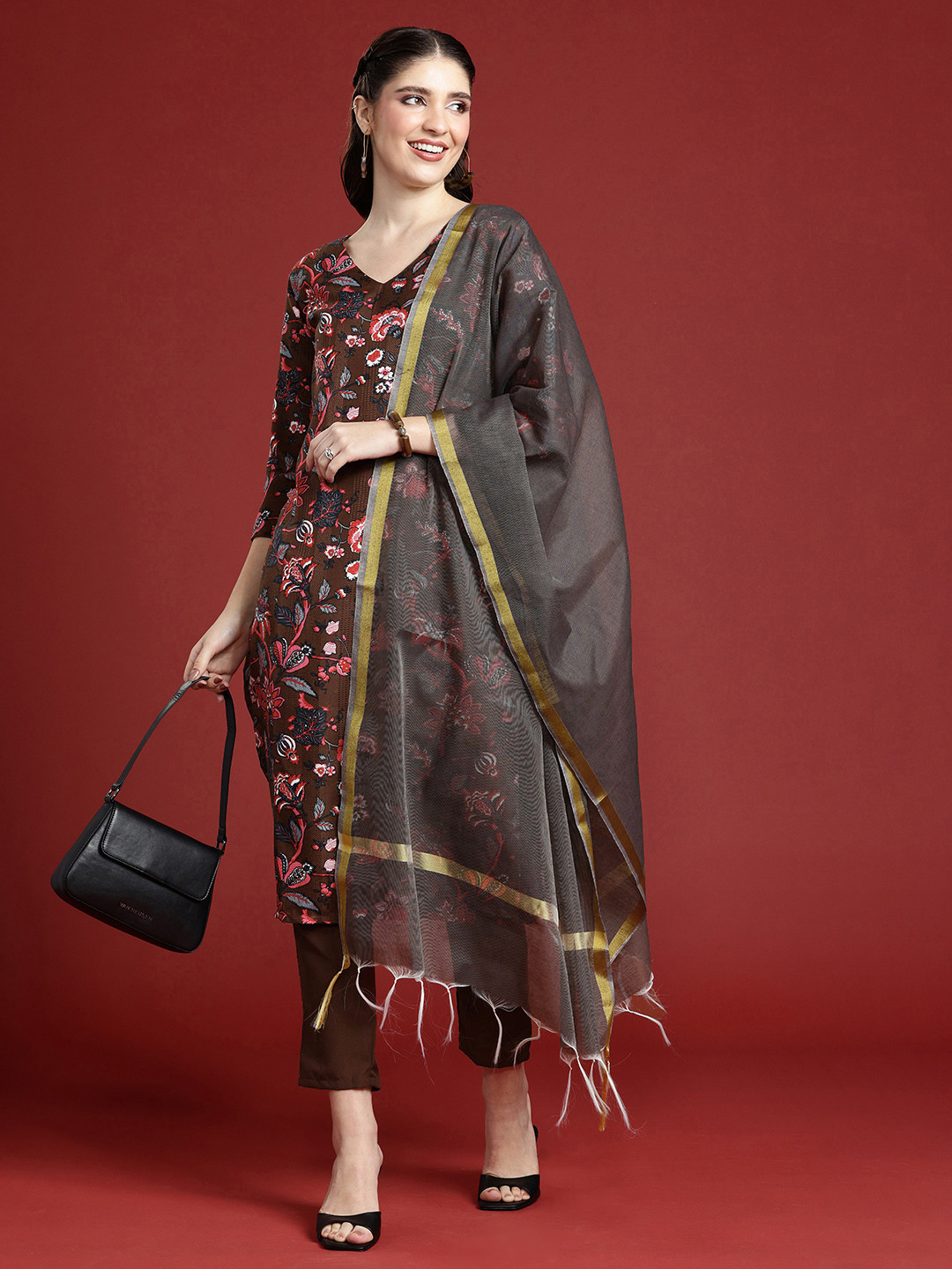 

Anouk Floral Printed Regular Kurta with Trousers & Dupatta, Brown