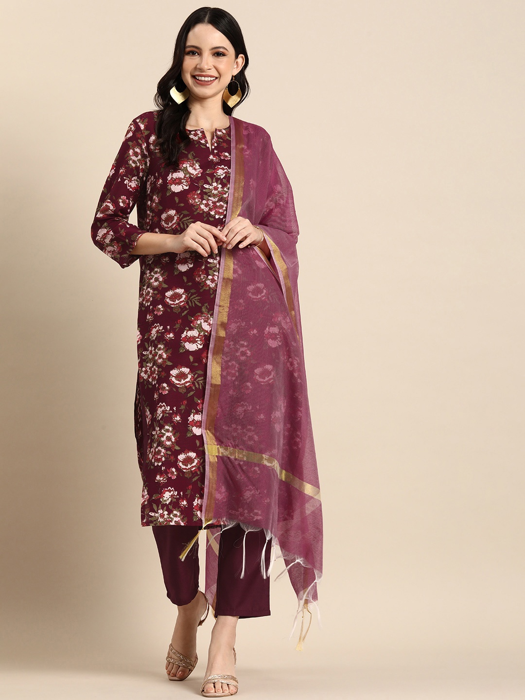 

Anouk Floral Printed Regular Kurta With Trousers & With Dupatta, Burgundy