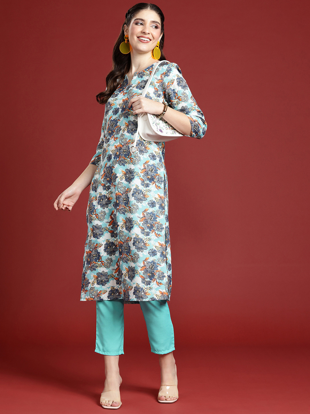 

Anouk Floral Printed Straight Regular Kurta With Trousers, Turquoise blue