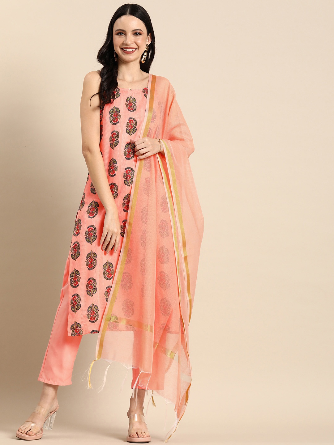 

Anouk Ethnic Motifs Printed Regular Kurta with Trousers & Dupatta, Peach