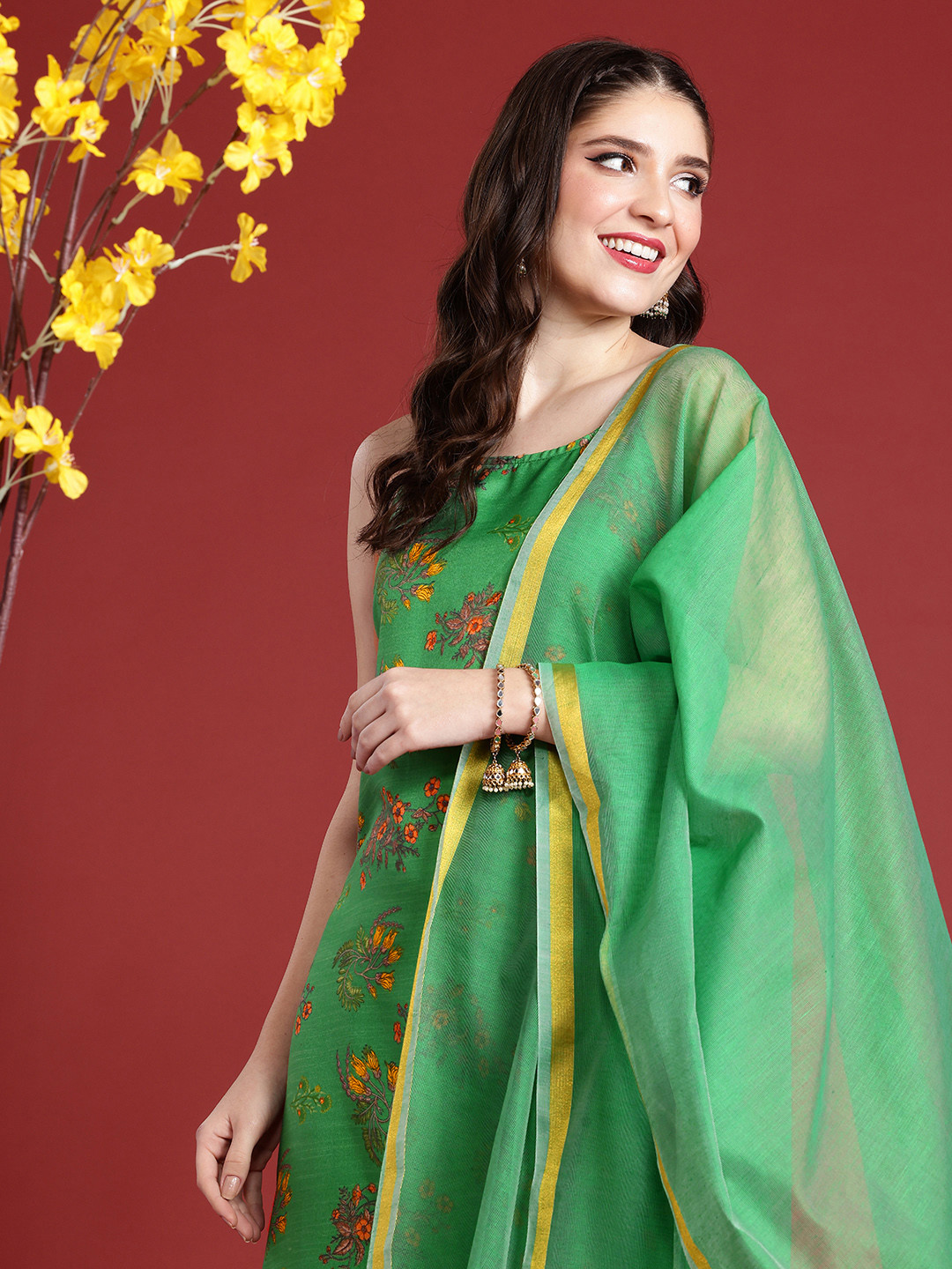 

Anouk Floral Printed Kurta with Trousers & Dupatta, Green