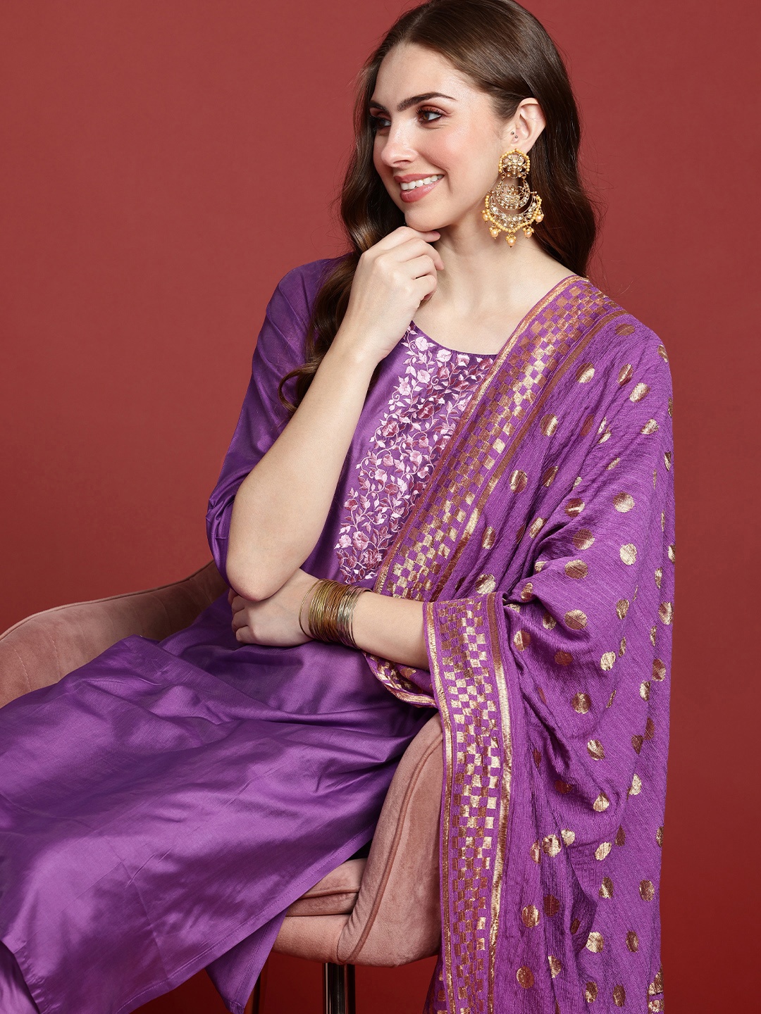 

Anouk Women Floral Yoke Design Regular Kurta With Trousers & Dupatta, Purple