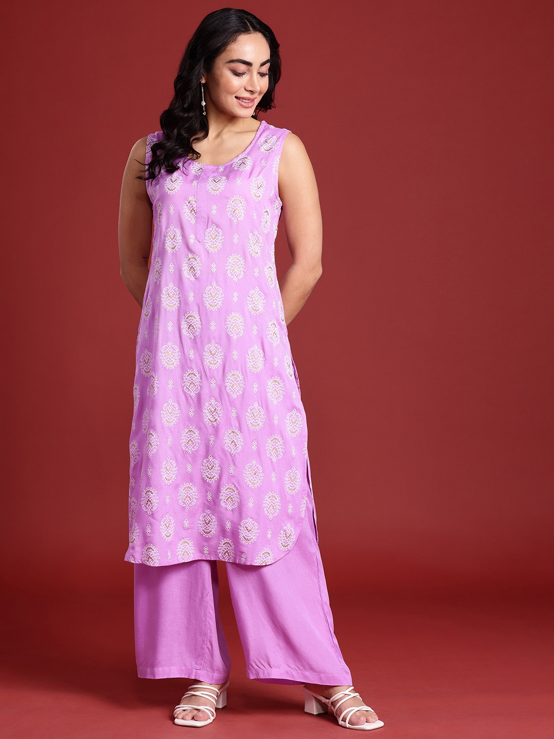 

Anouk Women Ethnic Motifs Foil Print Straight Kurta with Palazzos, Pink
