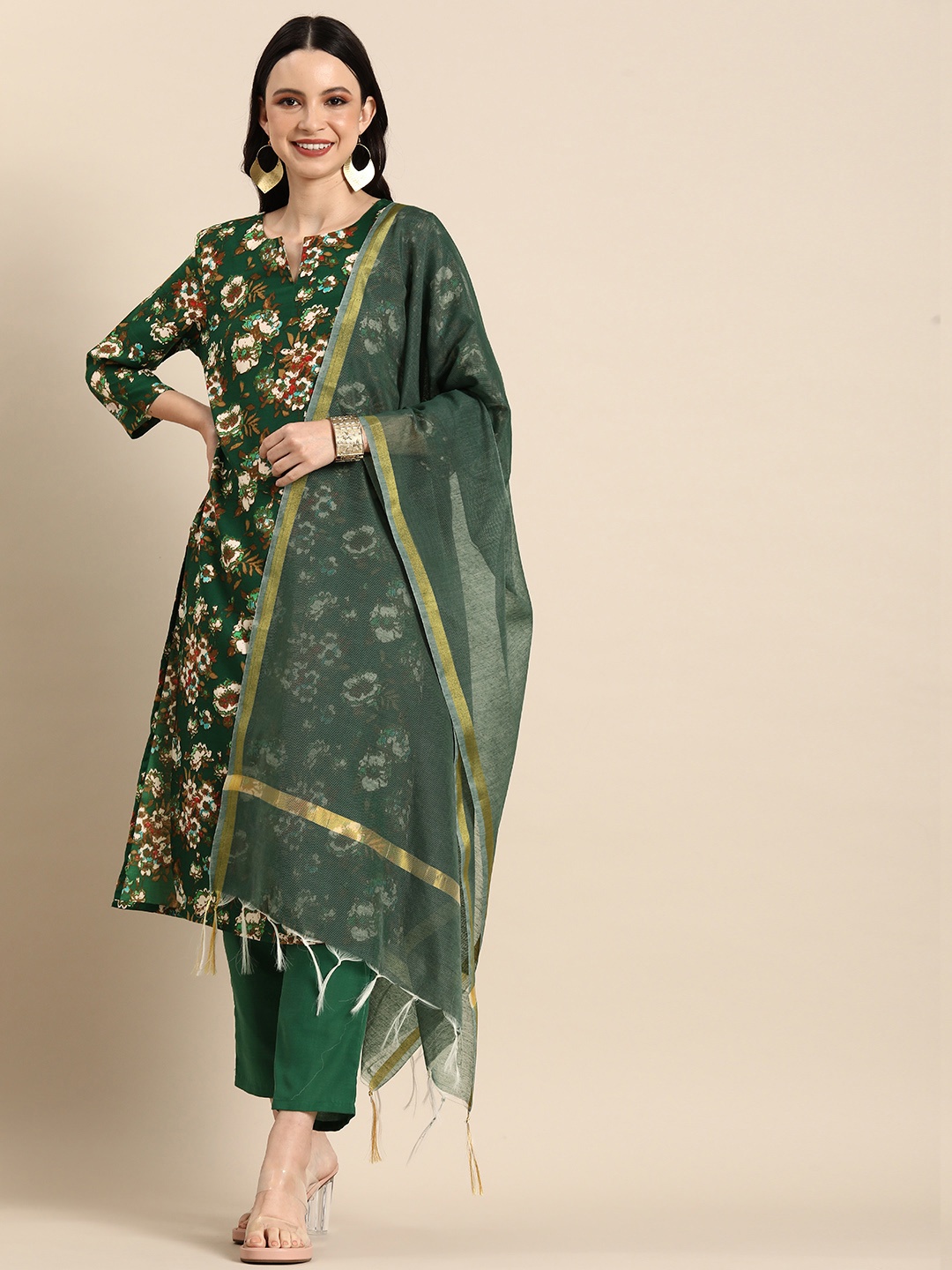 

Anouk Floral Printed Regular Kurta with Trousers & With Dupatta, Green