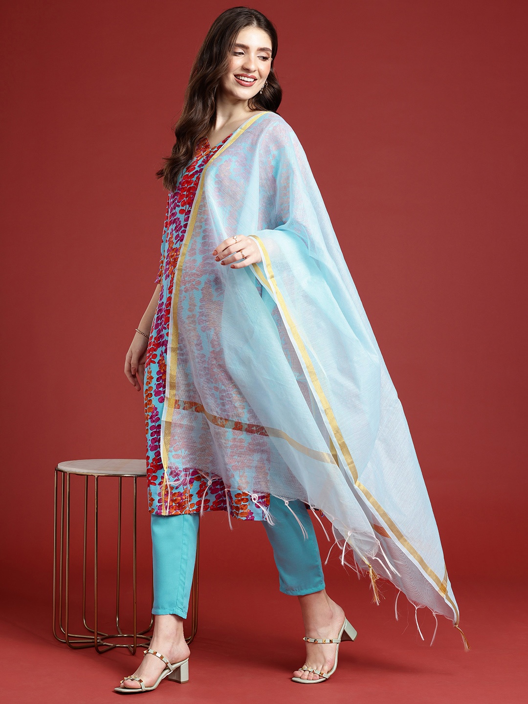 

Anouk Ethnic Motifs Printed Regular Kurta with Trousers & Dupatta, Turquoise blue
