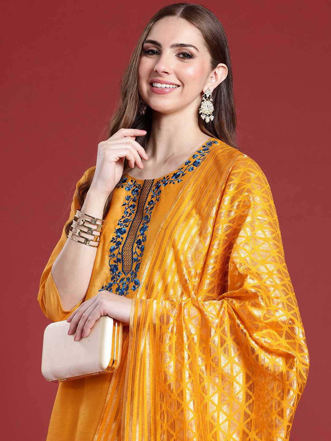 

Anouk Women Floral Yoke Design Regular Kurta With Trousers & Dupatta, Yellow