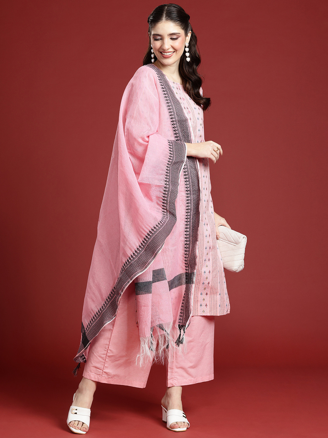

Anouk Woven Design Regular Kurta With Palazzos & With Dupatta, Pink