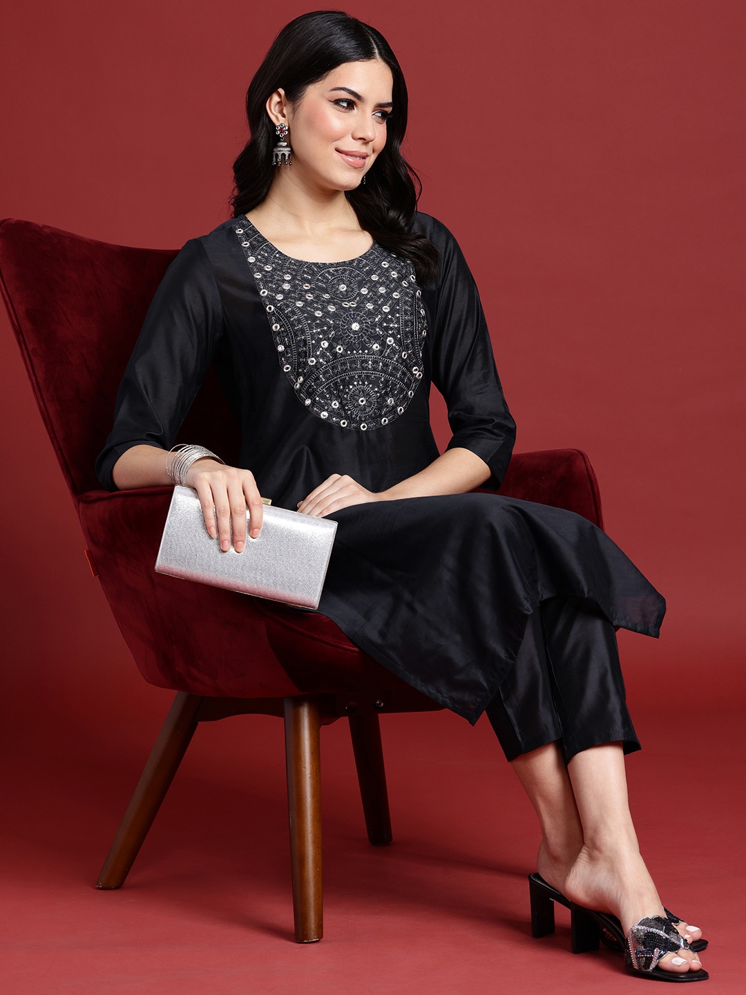 

Anouk Women Ethnic Motifs Yoke Design Mirror Work Kurta with Trousers, Navy blue