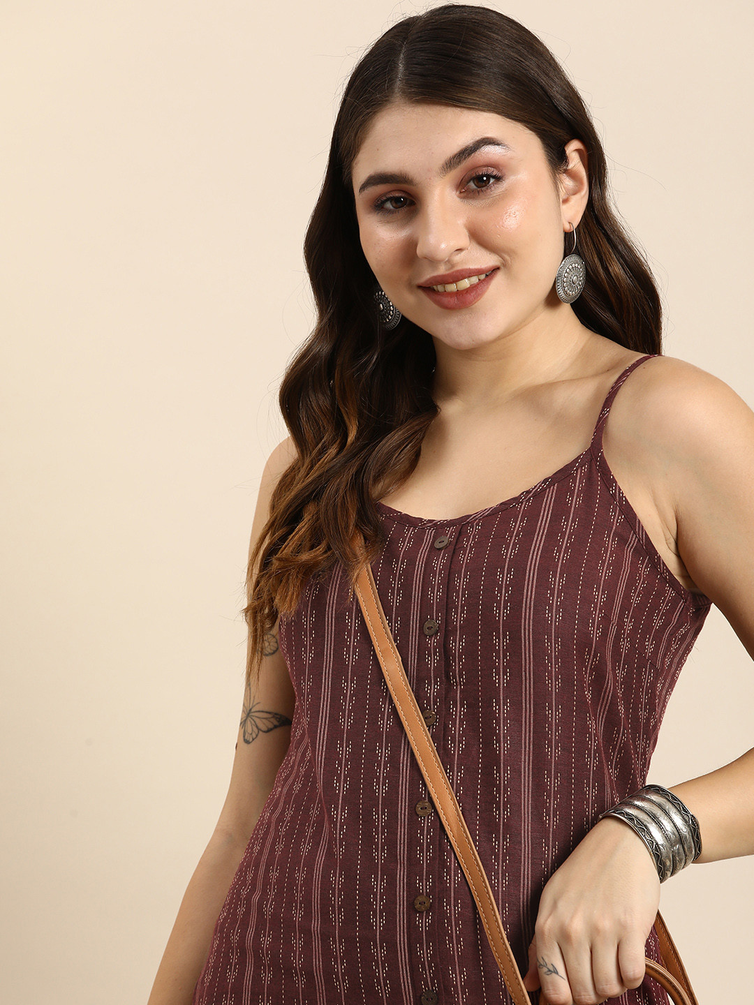 

Anouk Shoulder Straps Striped Woven Design Kurta, Maroon