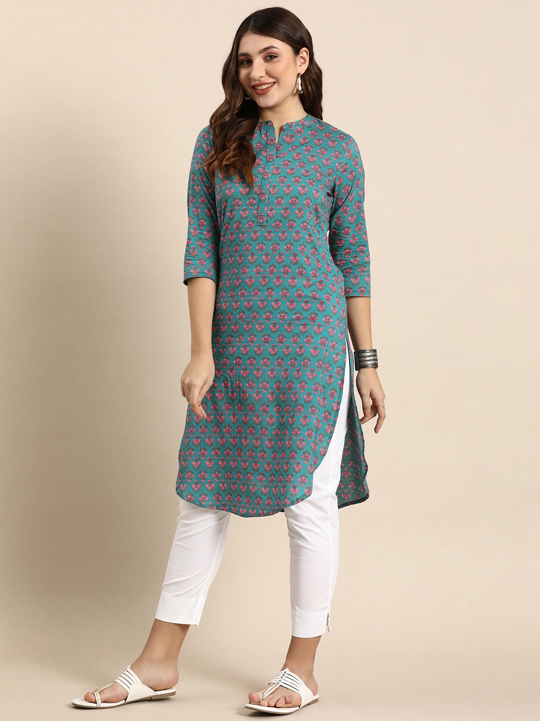

Anouk Band Collar Floral Printed Pure Cotton Kurta, Blue