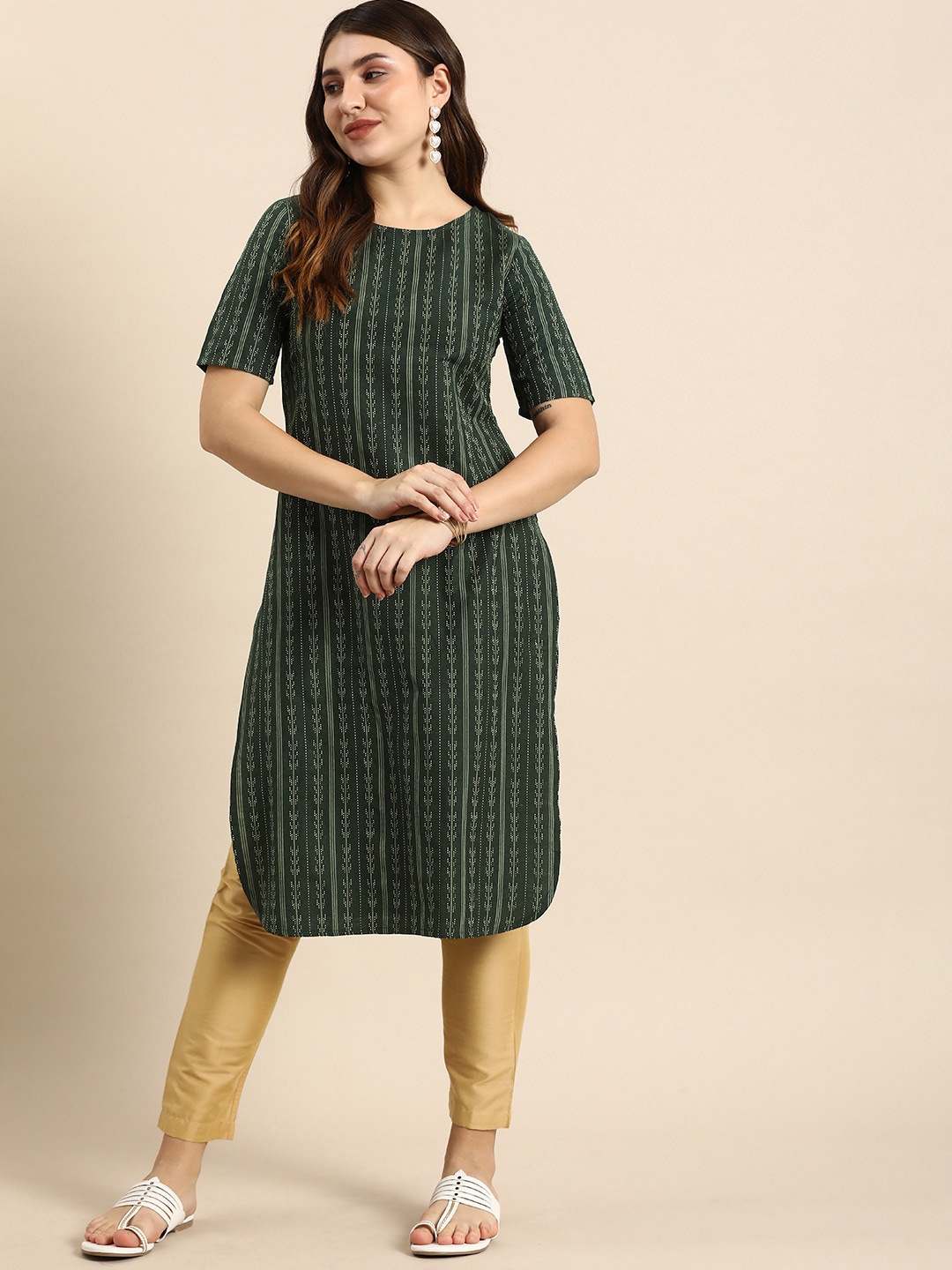 

Anouk Round Neck Striped Woven Design Kurta, Green