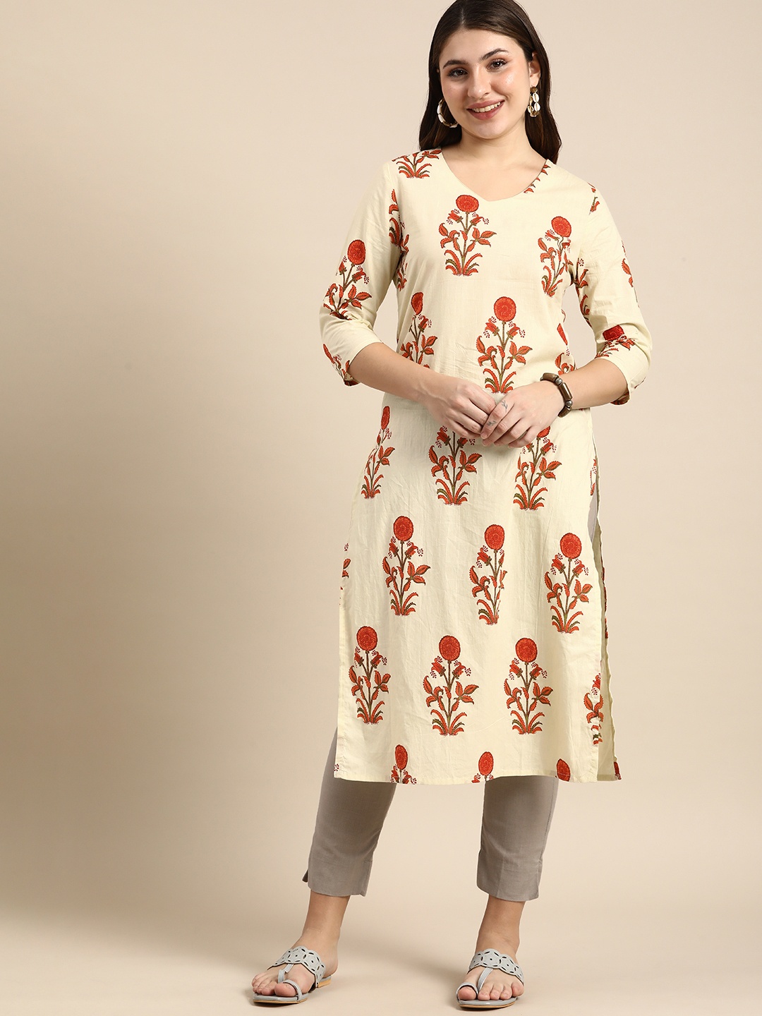 

Anouk Floral Printed Pure Cotton Straight Kurta, Cream