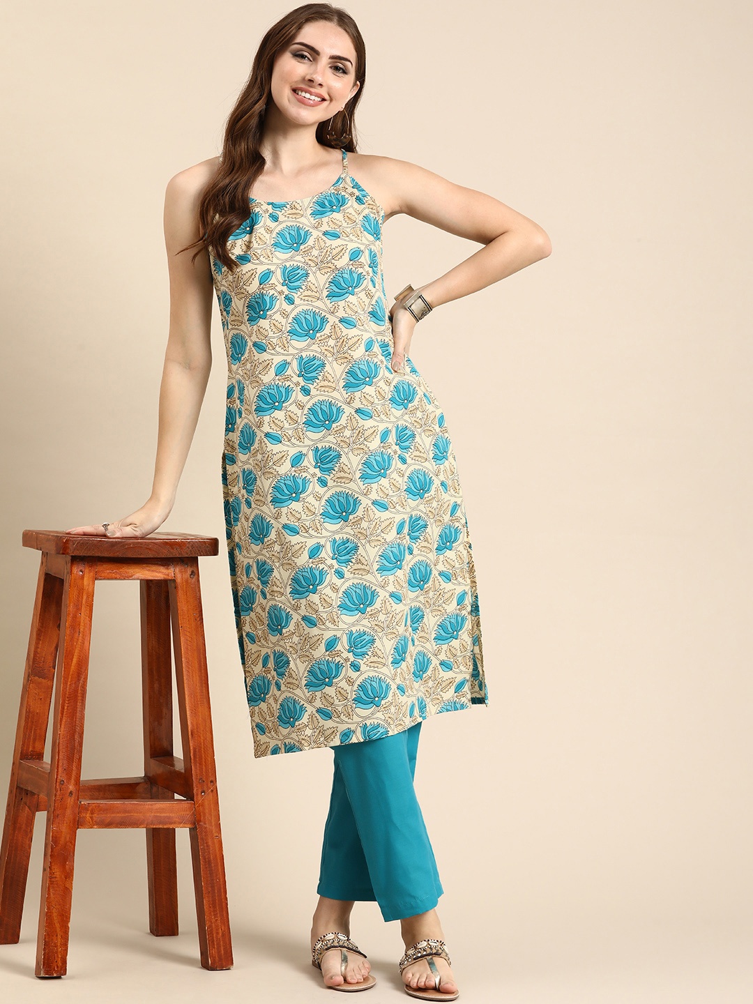 

Anouk Ethnic Motifs Printed Regular Kurta with Trousers, Teal