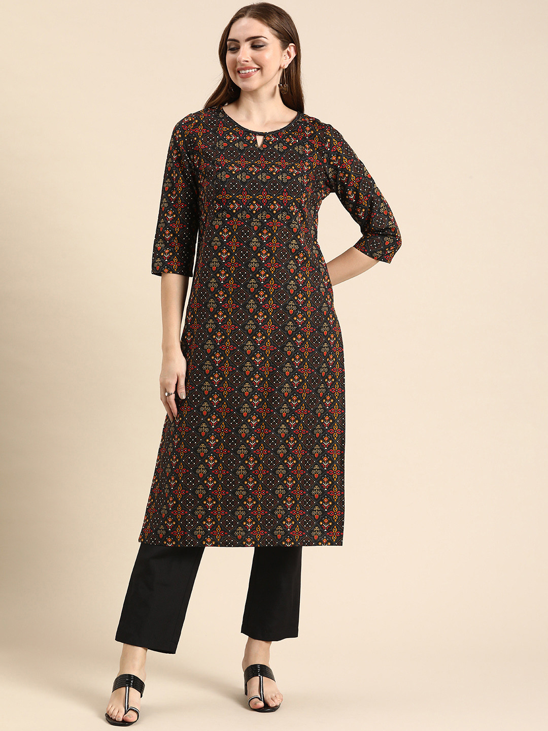 

Anouk Ethnic Motifs Printed Regular Kurta with Trousers, Black