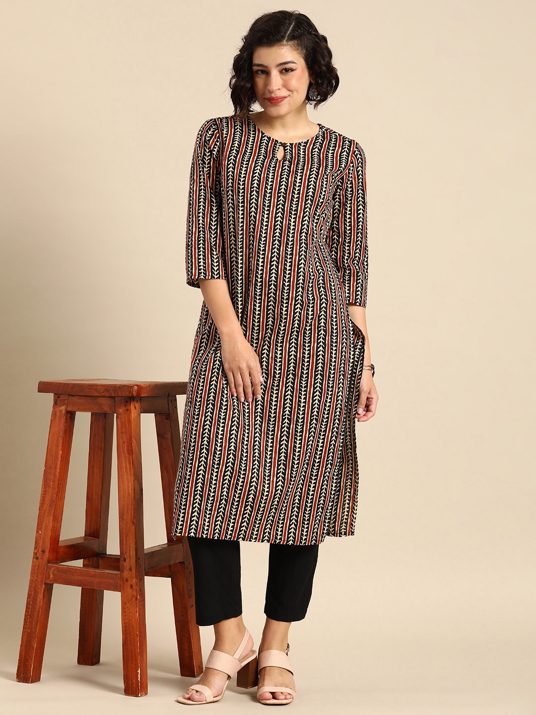 

Anouk Women Striped Pure Cotton Kurta with Trousers, Black