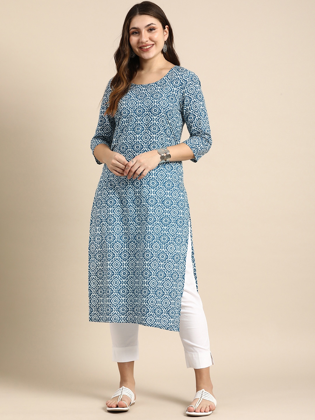 

Anouk Ethnic Motifs Printed Indigo Pure Cotton Straight Kurta Kurta, Blue